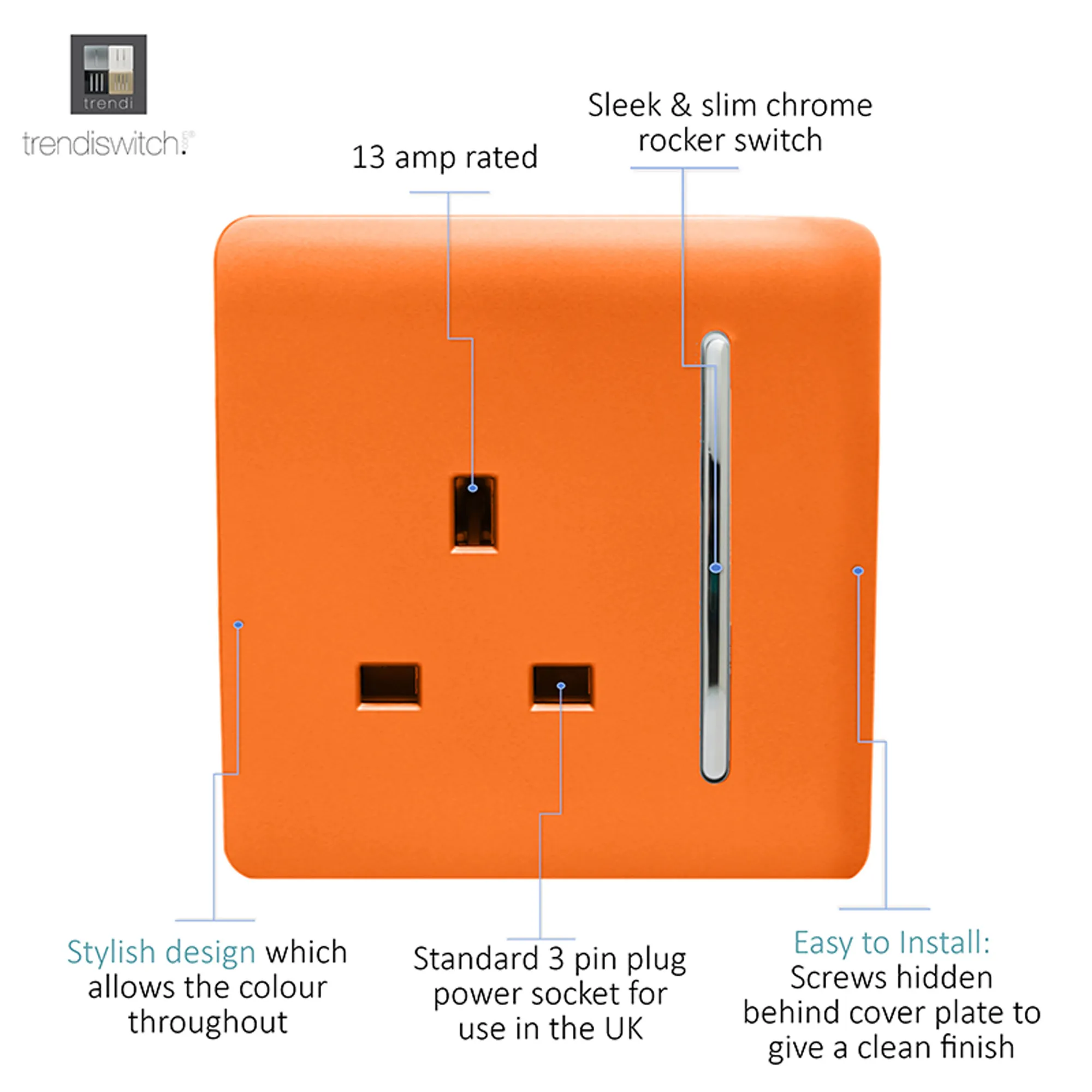 1 Gang 13Amp Switched Single Socket Orange ART-SKT13OR  Trendi Orange
